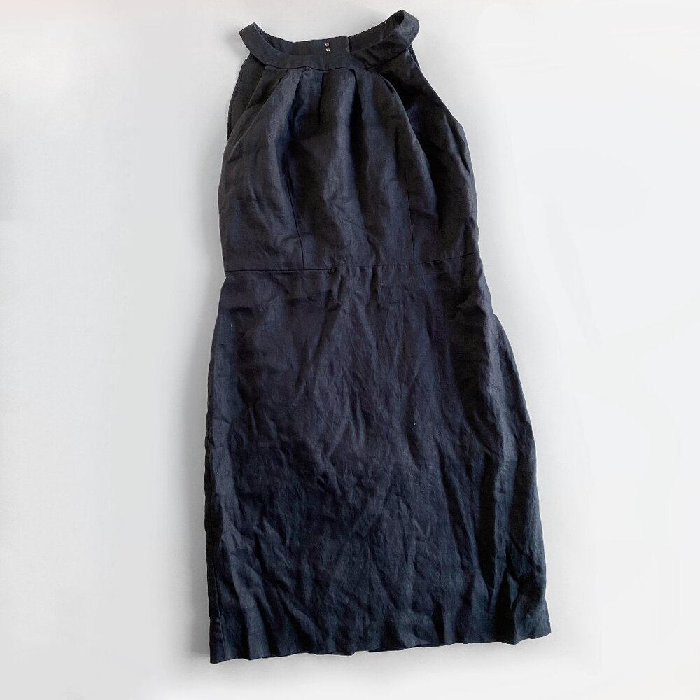 LOFT Black Linen Shift Dress Size 2P Sleeveless Halter Neck Lined Sheer
